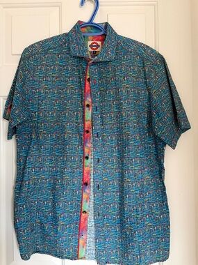 Men's Short-Sleeve Button-Down Shirt in Teal with Contrast Placket